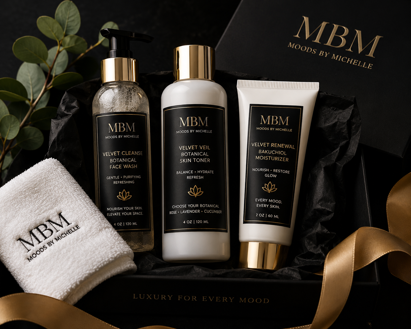 MBM Founder Ritual Essentials with Velvet Cleanse face wash, Velvet Veil toner, and Velvet Renewal Bakuchiol moisturizer