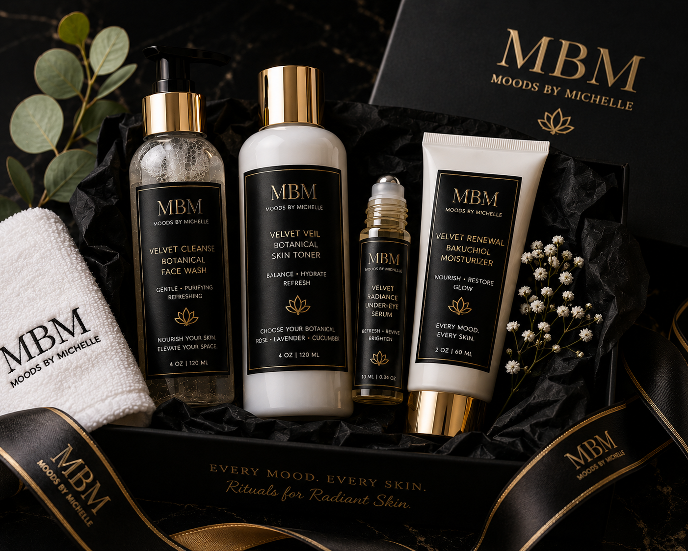 MBM Founder Ritual Complete with Velvet Cleanse face wash, Velvet Veil toner, Velvet Radiance under-eye serum, and Velvet Renewal Bakuchiol moisturizer