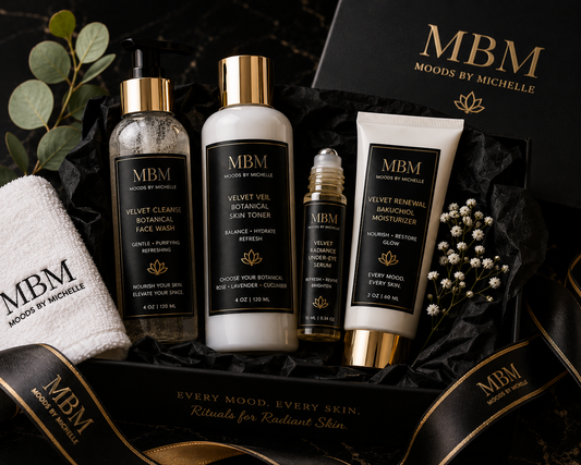 MBM Founder Ritual Complete with Velvet Cleanse face wash, Velvet Veil toner, Velvet Radiance under-eye serum, and Velvet Renewal Bakuchiol moisturizer