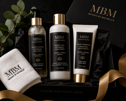 MBM Founder Ritual Essentials with Velvet Cleanse face wash, Velvet Veil toner, and Velvet Renewal Bakuchiol moisturizer